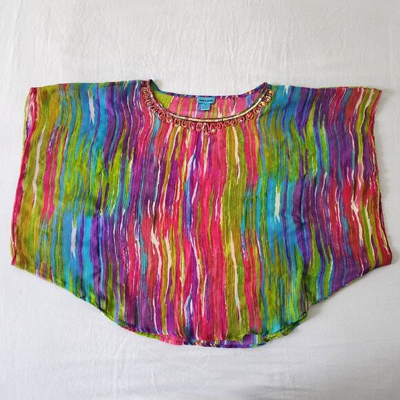 Aqua Blue Dolman Sleeve Top | Ballet Neck Bold Print | Pre-Owned - Picture 3 of 8